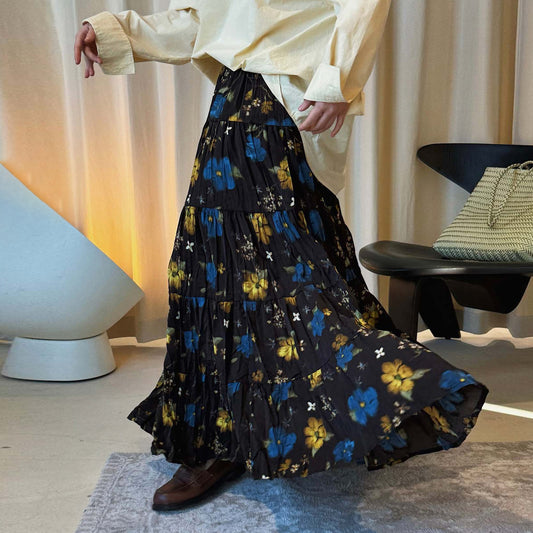 【ボトムス】レトロ アート感 ウエストゴム プリーツスカート レディース 立体 Aライン ロング丈 花柄【SHシリーズ】