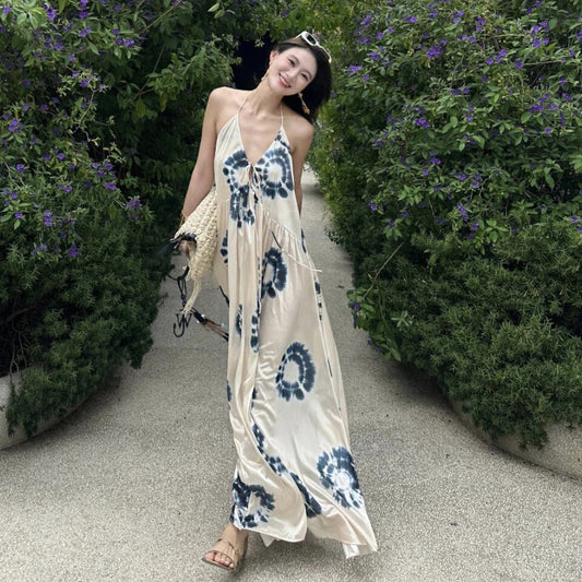 【ワンピース】フレンチデザイン 花柄サテンワンピース レディース 夏新作 バックオープン ロング丈 上品 ノースリーブ リラックスワンピース【SHシリーズ】