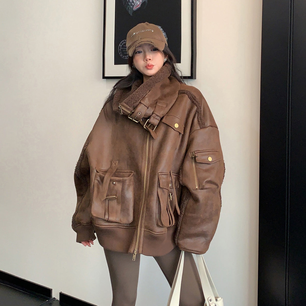 【アウター】重厚感◎スエード調中綿ジャケット レディース 冬のレトロライダース風 綿入れコート【FCシリーズ】【18~25日発送】