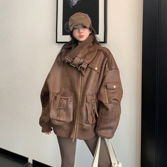 【アウター】重厚感◎スエード調中綿ジャケット レディース 冬のレトロライダース風 綿入れコート【FCシリーズ】【18~25日発送】