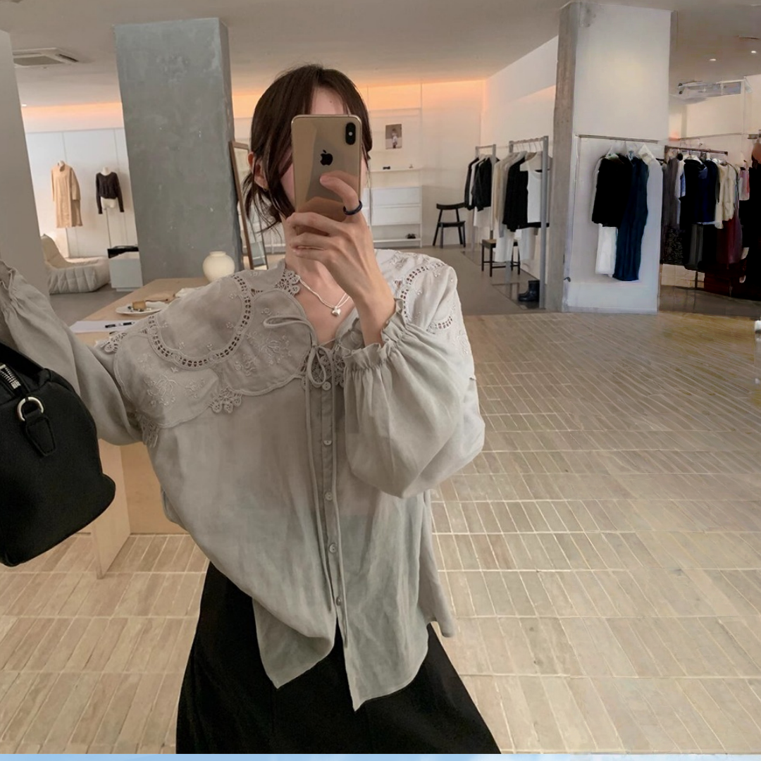 【トップス】春 秋 夏 透かし彫り 切り替え レース 刺繍 シャツ 【JZシリーズ】