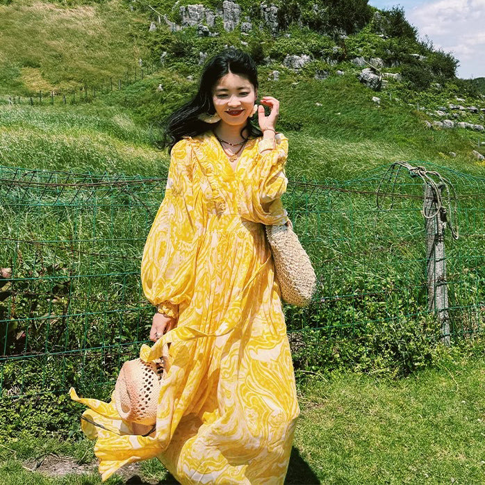 【ワンピース】リゾート風 Vネック ハイウエスト バルーンスリーブ 長袖ワンピース【SHシリーズ】