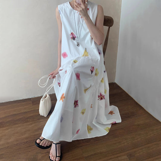 【ワンピース】リゾート風 油絵風アートプリント ノースリーブワンピース 夏新作 レトロ ゆったり フレアロングドレス レディース【SHシリーズ】
