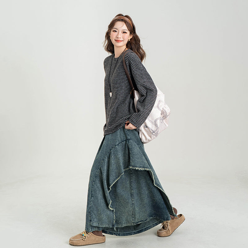 【ボトムス】レトロ デニムワイドパンツ レディース 秋冬新作 個性的な切替デザイン 体型カバー リラックスカジュアル【JZシリーズ】