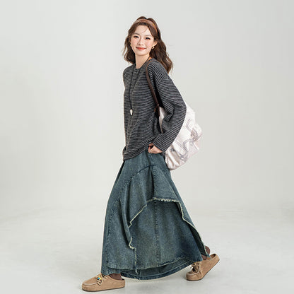 【ボトムス】レトロ デニムワイドパンツ レディース 秋冬新作 個性的な切替デザイン 体型カバー リラックスカジュアル【JZシリーズ】