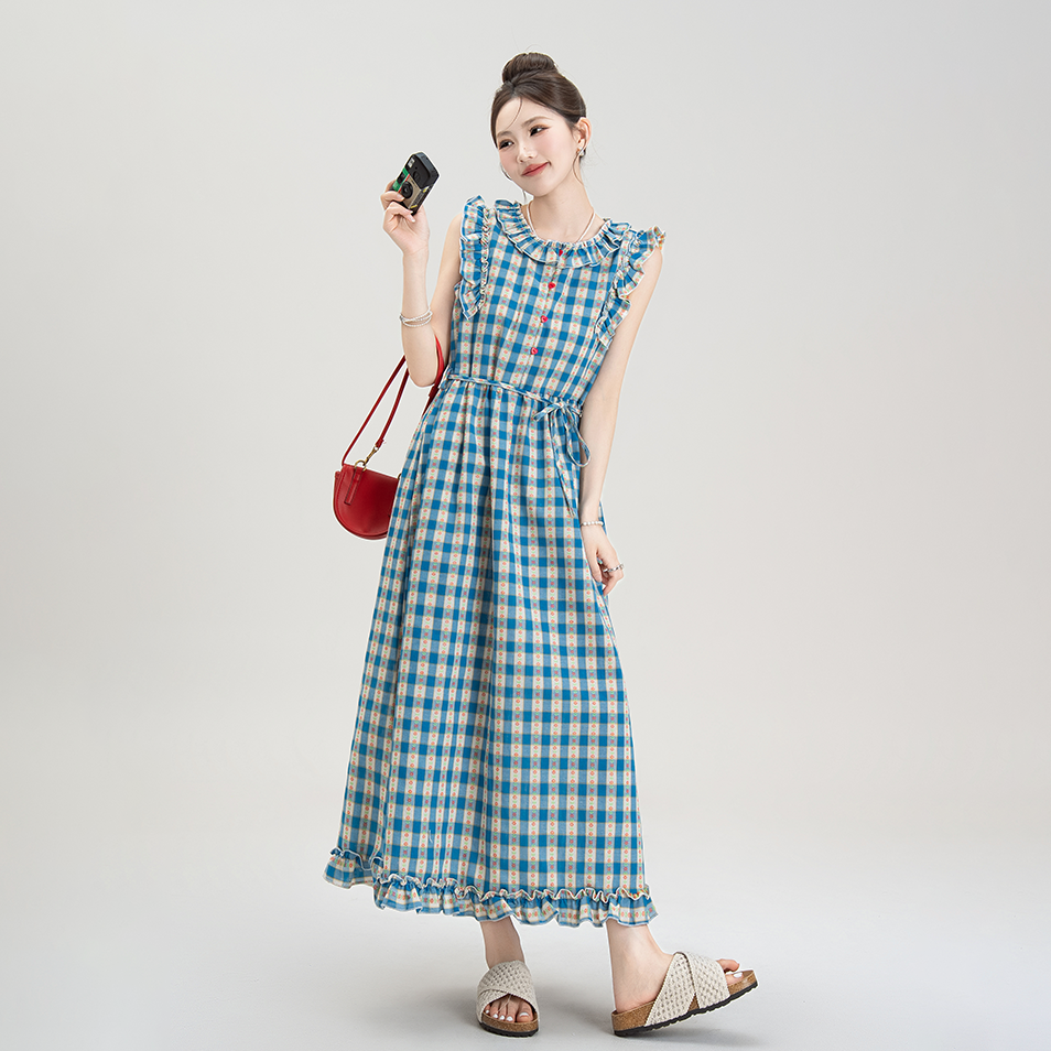 【ワンピース】夏新作 レトロチェック×小花柄 レース切り替え ウエストマークAラインロングワンピース【SHシリーズ】