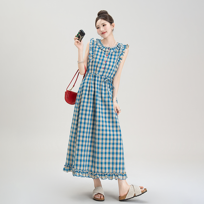 【ワンピース】夏新作 レトロチェック×小花柄 レース切り替え ウエストマークAラインロングワンピース【SHシリーズ】