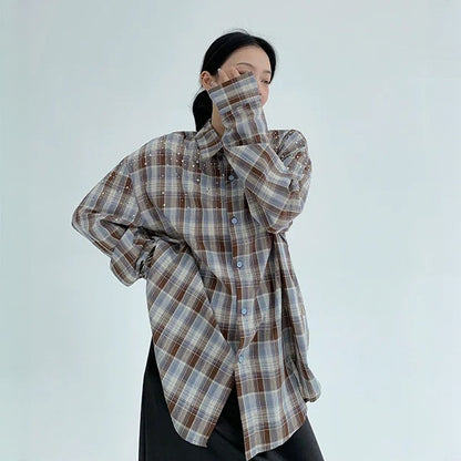 【トップス】春 秋 冬 レトロ ラインストーン チェック 長袖シャツ  【FCシリーズ】