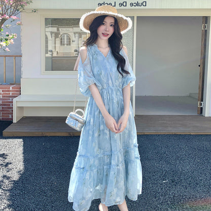 【ワンピース】フレンチ 半袖ワンピース｜オフショル 肩出し ロング丈｜韓国ファッション ウエストマーク 着痩せ 映えドレス【SHシリーズ】
