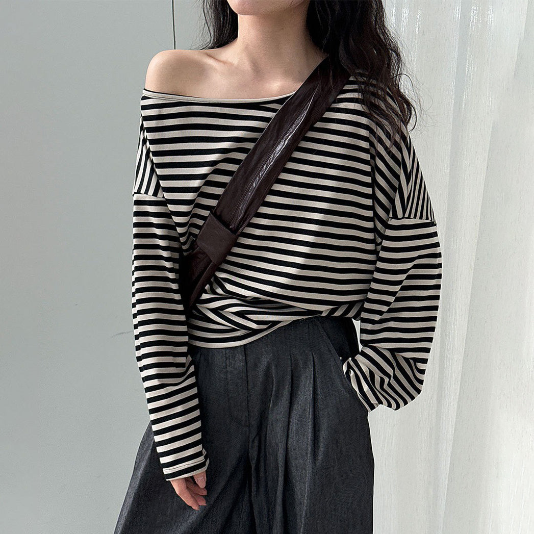 【トップス】韓国風ボーダー柄ワンショルダートップス｜斜めオフショル×ゆるシルエットで抜け感＆細見え【JZシリーズ】
