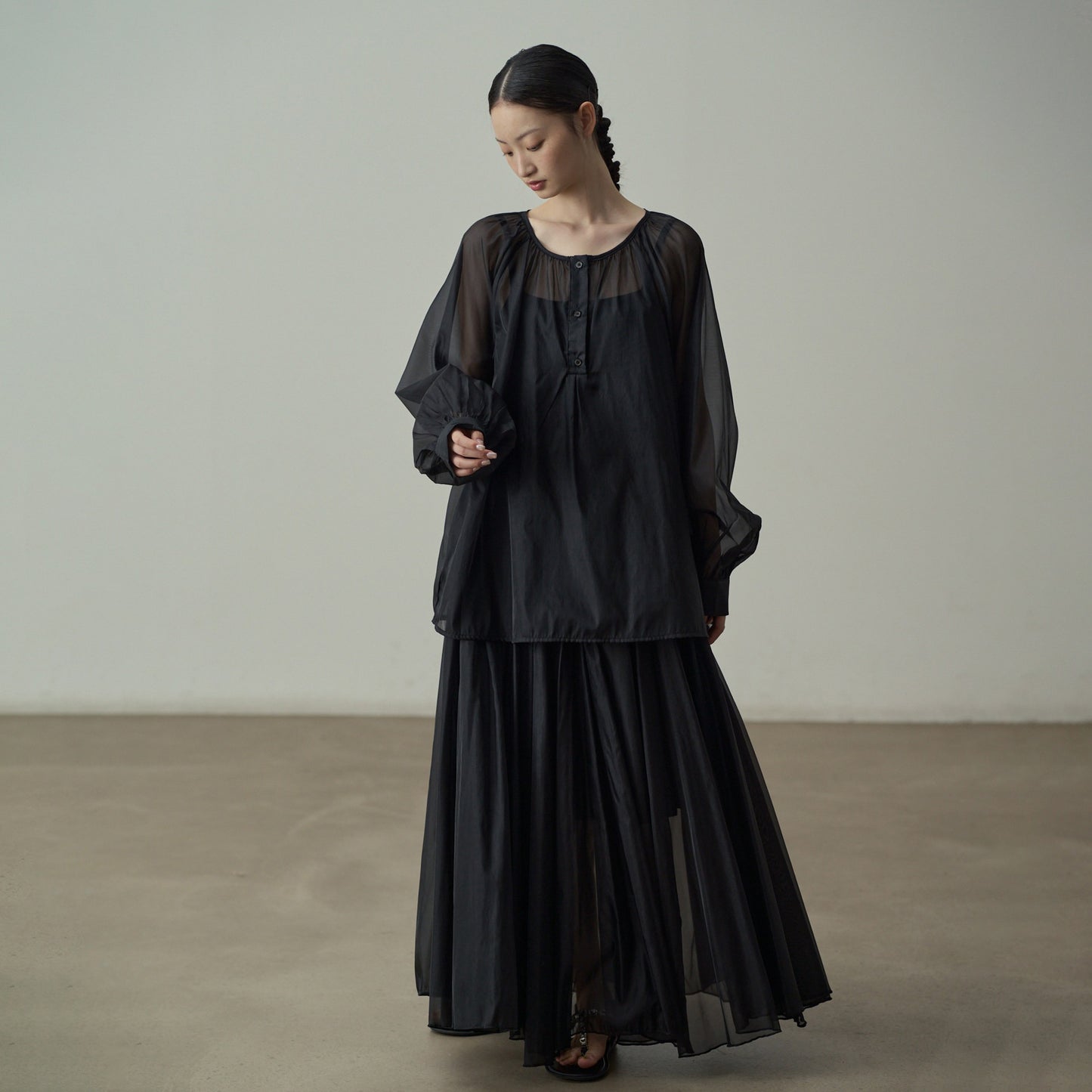 【セットアップ】【単品注文】シアーシャツ＆ロングスカート上下セット レディース 透け感 レイヤード リゾートコーデ【JZシリーズ】