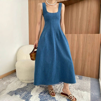 【ワンピース】夏 エレガント スクエアネック デニム ノースリーブ ワンピース 【SNシリーズ】