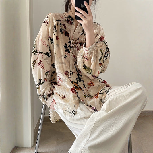 【トップス】クラシカル ベロア  プリント ドレープ シャツ 【SHシリーズ】