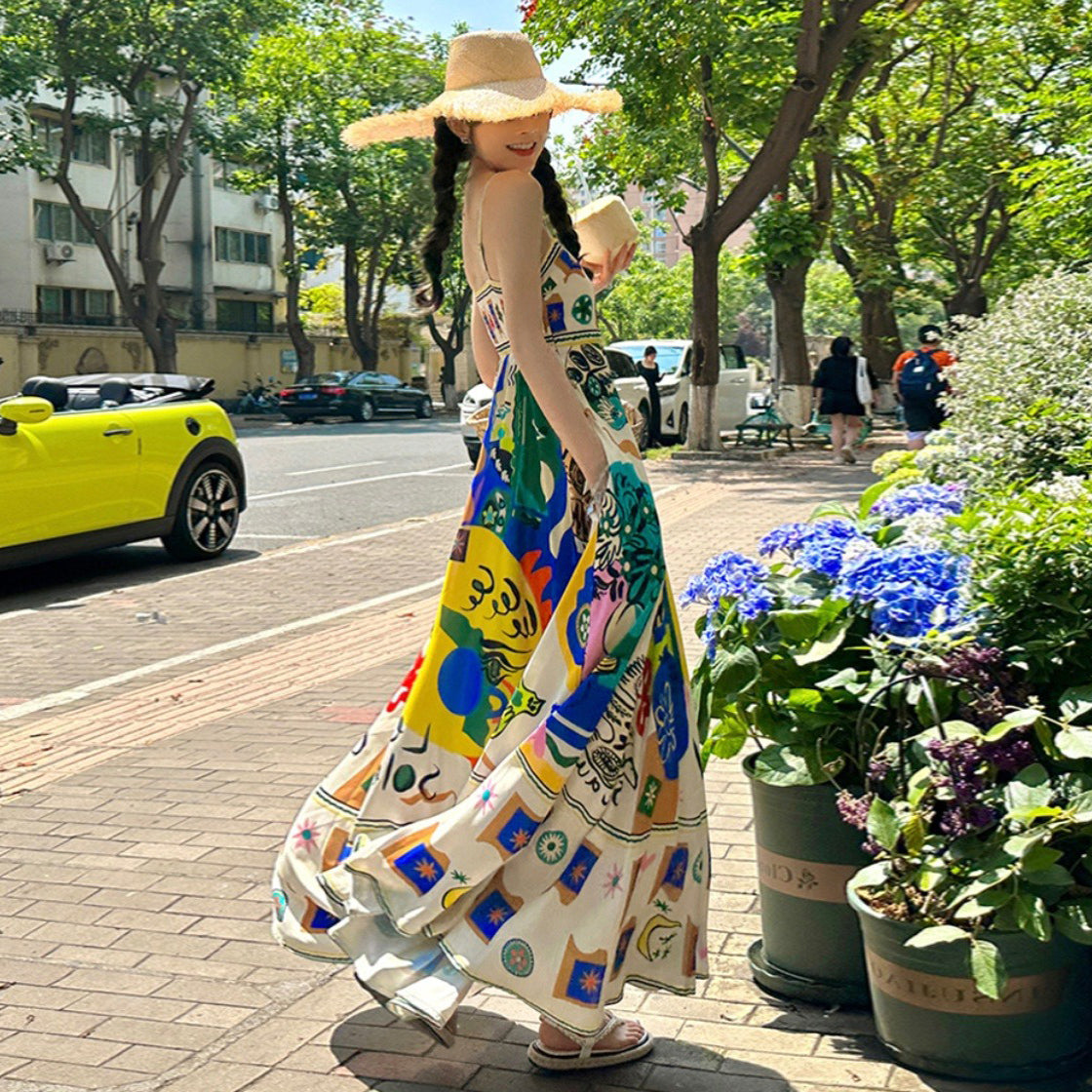 【ワンピース】夏新作 ドーパミンコーデにぴったり ノースリーブキャミワンピース ビーチ・リゾート風スタイル【SHシリーズ】