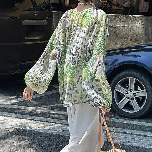 【トップス】真夏の復古 グリーン油絵 ランタン袖 UVカットシャツ【JZシリーズ】【SHシリーズ】