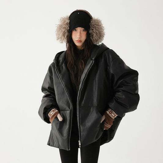 【アウター】 バイカー風レトロ フード付き 🔥 ルーズ中綿ジャケット 厚手 綿入れコート【FCシリーズ】【15~20日発送】