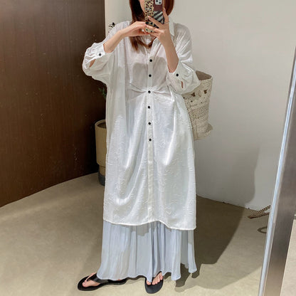 【ワンピース】文芸スタイル プリーツデザイン 立体花柄 長袖 薄手 UVカット シャツワンピース【JZシリーズ】