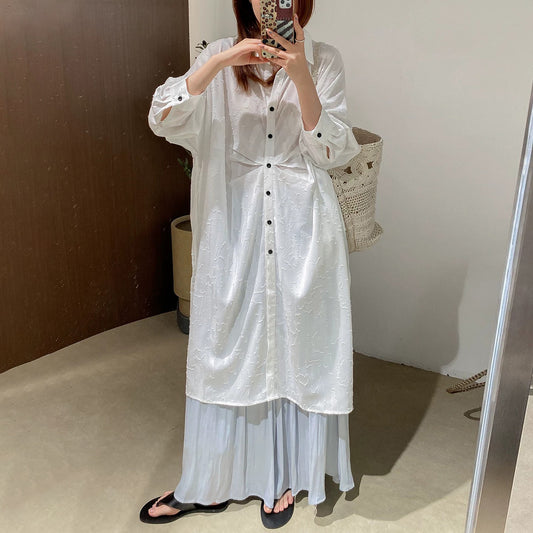 【ワンピース】文芸スタイル プリーツデザイン 立体花柄 長袖 薄手 UVカット シャツワンピース【JZシリーズ】