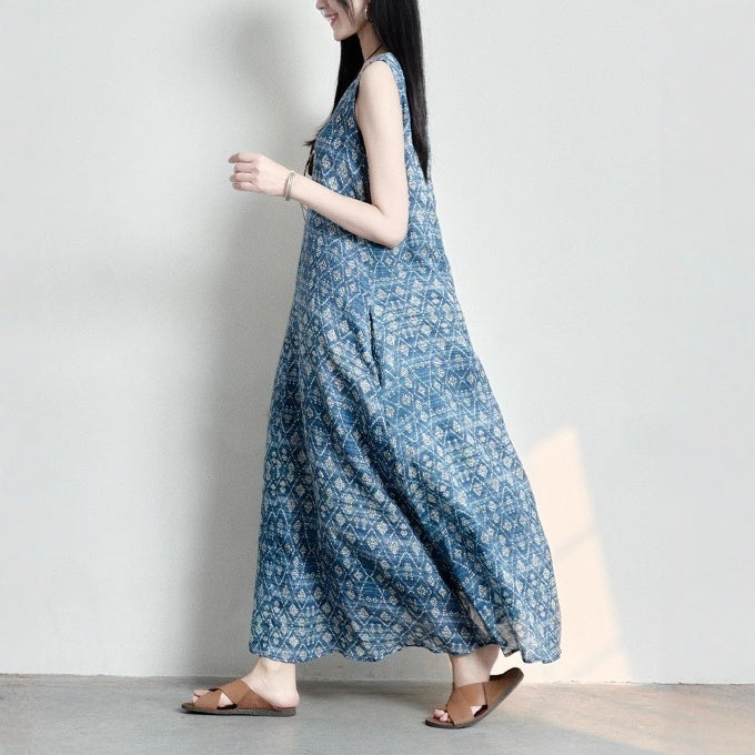 【ワンピース】Vネック レトロ プリント ノースリーブ ワンピース 【SHシリーズ】