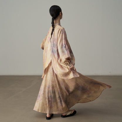 【単品注文】【セットアップ】新中華風 レトロ 薄手 UVカット プリント ゆったり 体型カバー 長袖シャツ＋フレアスカート【SHシリーズ】