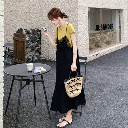 【ワンピース】レース ワンピース レディース 夏 レイヤード風 半袖 ロングワンピース 細見え 人気 韓国風 デザインワンピース【JZシリーズ】