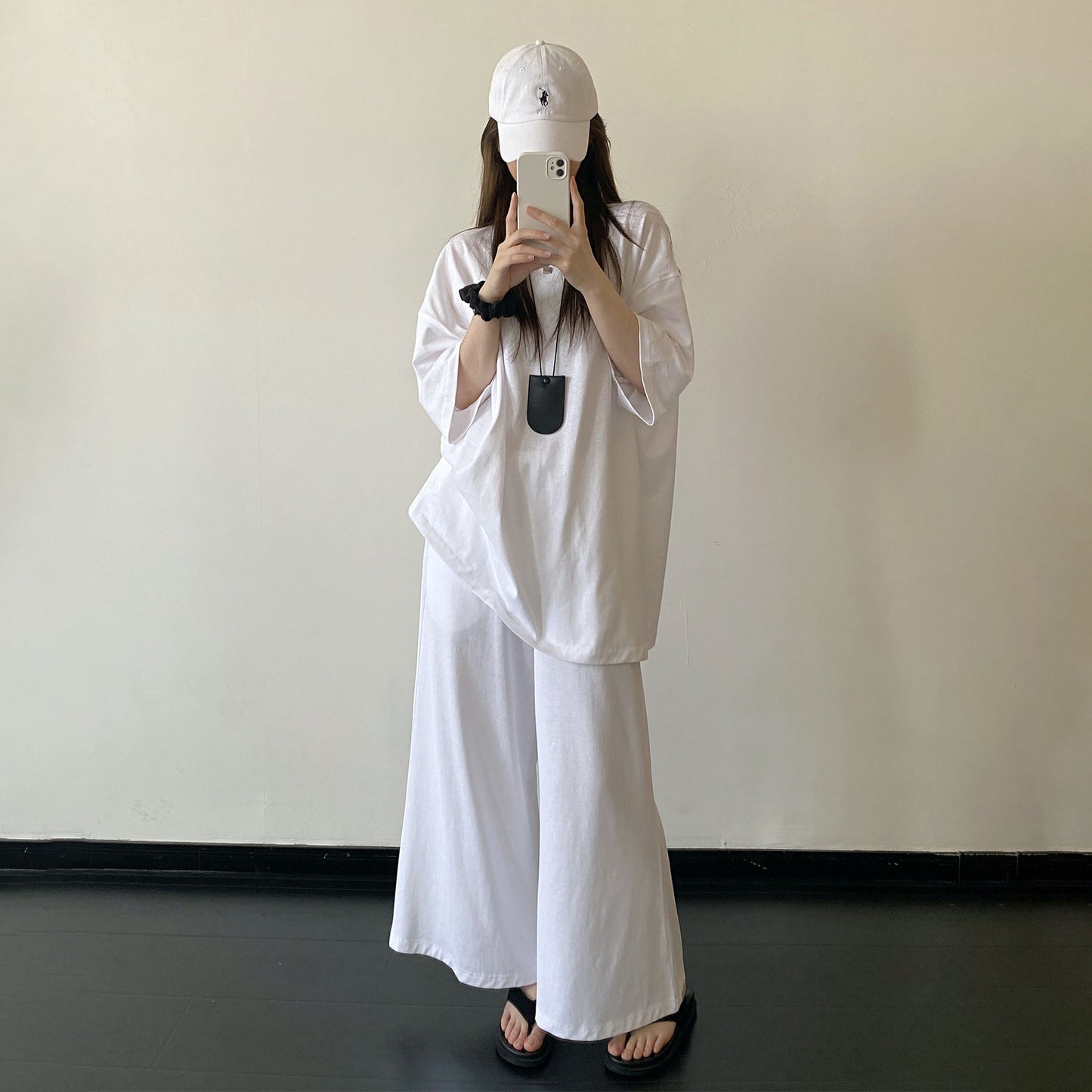 【セットアップ】【単品注文】リネンコットン風 半袖Tシャツ＋ワイドパンツ 上下セット ホワイト ゆったり ルーズフィット リラックス カジュアル 春夏【FCシリーズ】