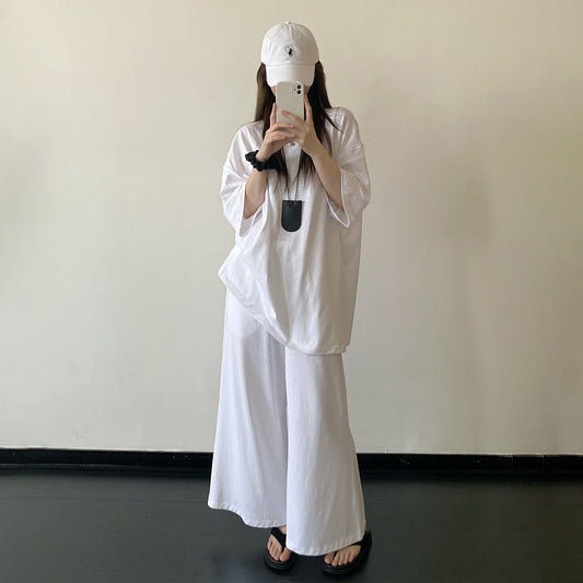 【セットアップ】【単品注文】リネンコットン風 半袖Tシャツ＋ワイドパンツ 上下セット ホワイト ゆったり ルーズフィット リラックス カジュアル 春夏【FCシリーズ】