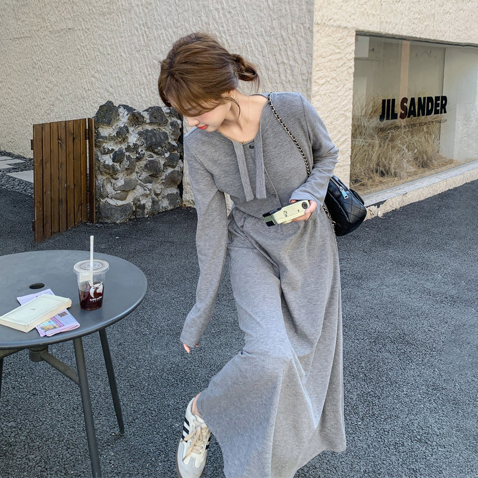 【ワンピース】フレンチ風 長袖ニットワンピース レディース すっきり見え エレガント【JZシリーズ】