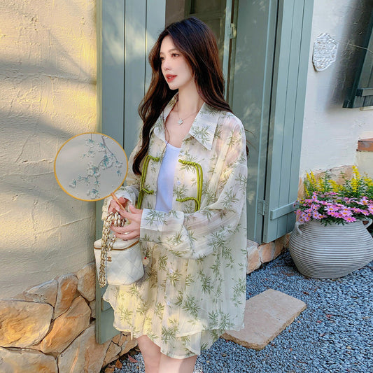 2点セット！【セットアップ】チャイナ風 プリントシャツ＋ショートパンツ 上下セット レディース 夏  軽量 通気性 UV対策 リラックス感【SHシリーズ】