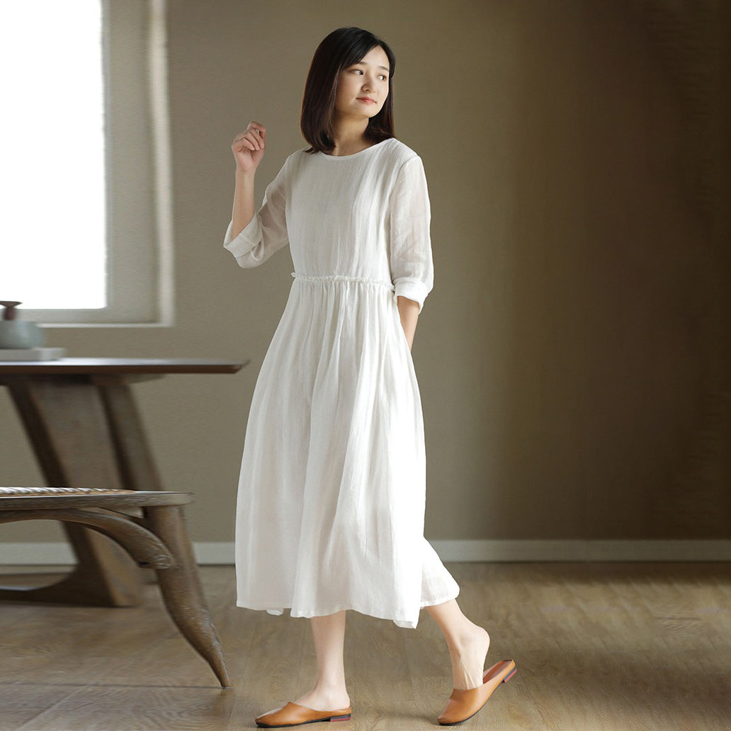 【ワンピース】夏新作 リネン混 白 ロング長袖ワンピース フレンチ風 ゆったりナチュラル