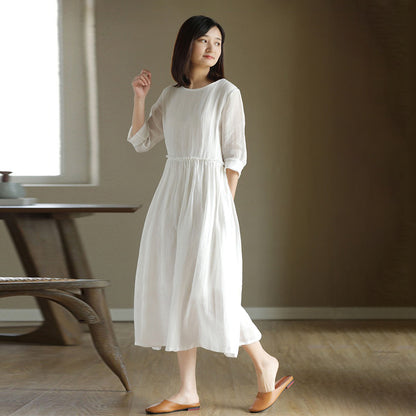 【ワンピース】夏新作 リネン混 白 ロング長袖ワンピース フレンチ風 ゆったりナチュラル
