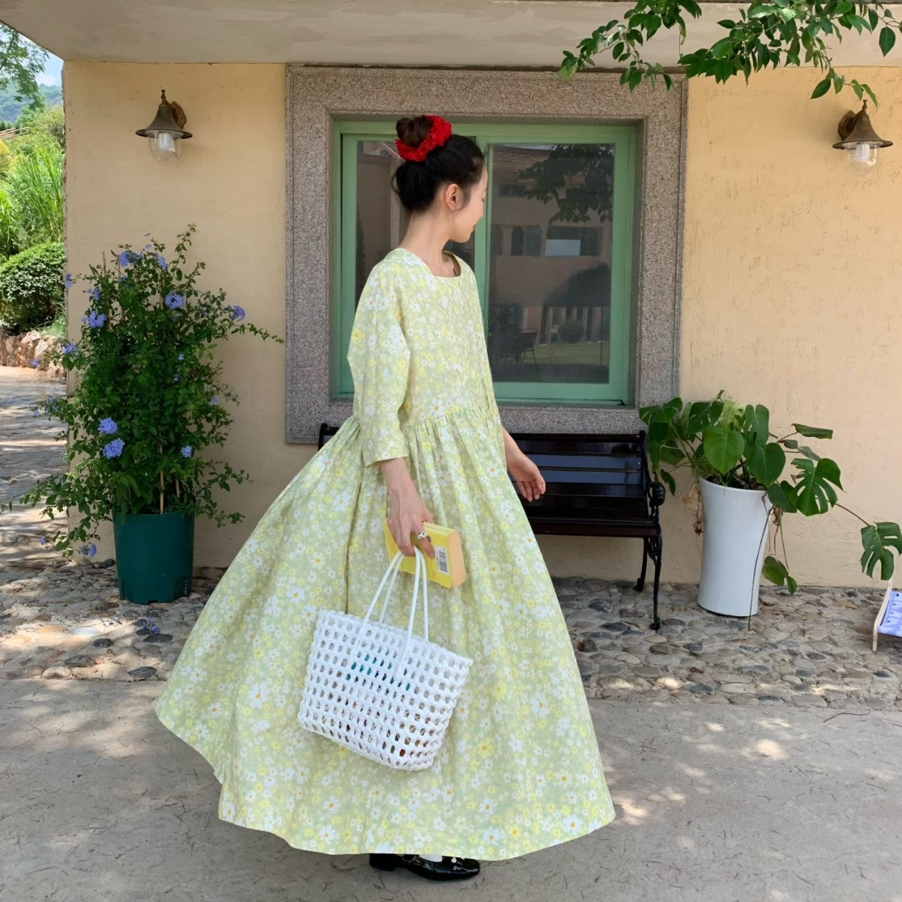 【ワンピース】夏 スクエアネック レトロ 花柄 大振裾 半袖 ワンピース【SHシリーズ】