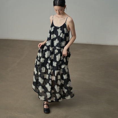 【ワンピース】フレンチレトロ風 花柄ノースリーブワンピース ゆったり体型カバー 休日リゾートコーデに【SHシリーズ】