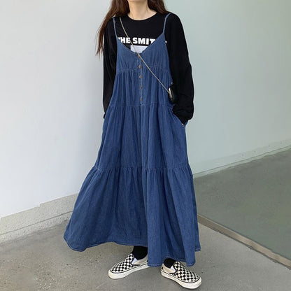 【ワンピース】韓国ファッション デニムノースリーブワンピース 春新作 ゆったり体型カバー 小顔効果 プリーツ入り フレアロング丈 おしゃれデザイン【JZシリーズ】