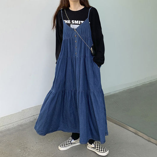 【ワンピース】韓国ファッション デニムノースリーブワンピース 春新作 ゆったり体型カバー 小顔効果 プリーツ入り フレアロング丈 おしゃれデザイン【JZシリーズ】