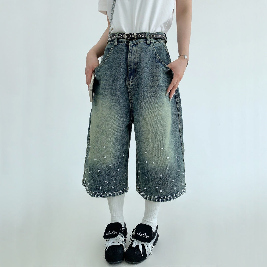 【ボトムス】夏 ヴィンテージ加工 ビジュー付き 七分丈パンツ 【FCシリーズ】
