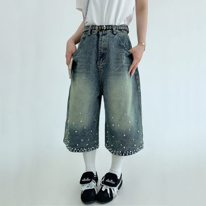 【ボトムス】夏 ヴィンテージ加工 ビジュー付き 七分丈パンツ 【FCシリーズ】