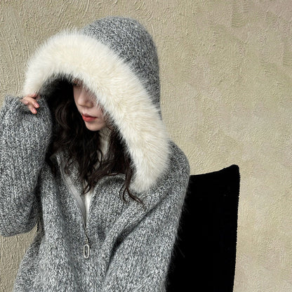 【アウター】ニットカーディガン レディース 秋冬 ふんわり 取り外し可能ファー付き【JZシリーズ】