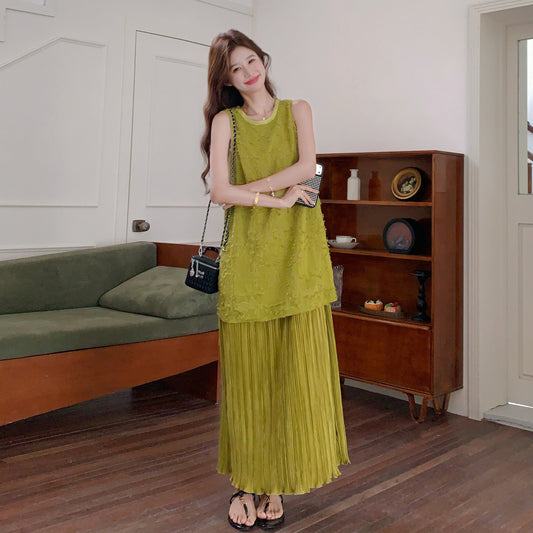 【ワンピース】レイヤード風 ノースリーブ プリーツワンピース ナチュラル 旅行 リゾート ロングドレス【SHシリーズ】