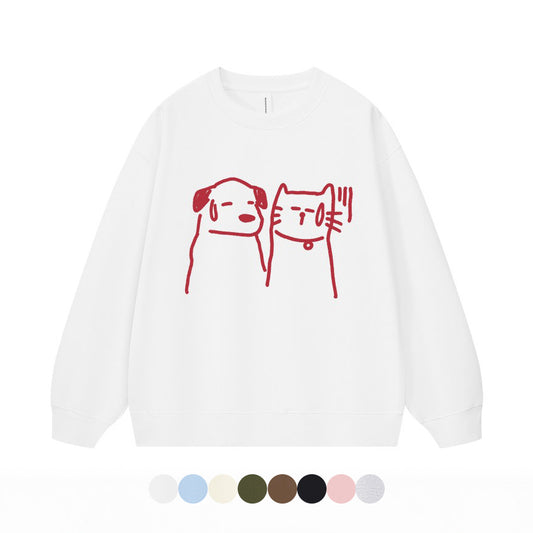 8カラー | S~3XL【トップス】ヒップホップ風 猫狗プリント 手描き クルーネック スウェット 厚手 ルーズ ユニセックス パーカー【FCシリーズ】