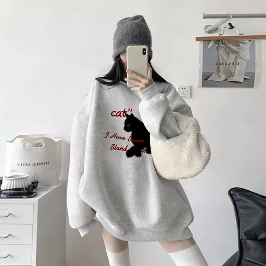 S~3XL【トップス】黒猫柄 フード付き スウェット レディース 秋冬 裏起毛 ゆったり おしゃれ【FCシリーズ】