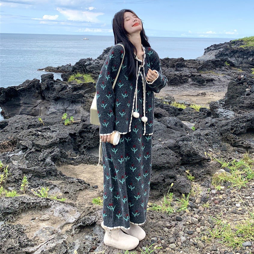 【セットアップ】花柄 ニットノースリーブワンピース + カーディガン セットアップ レディース 春秋 上品可愛い おしゃれ 2点セット【SHシリーズ】