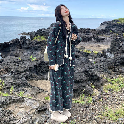 【セットアップ】花柄 ニットノースリーブワンピース + カーディガン セットアップ レディース 春秋 上品可愛い おしゃれ 2点セット【SHシリーズ】