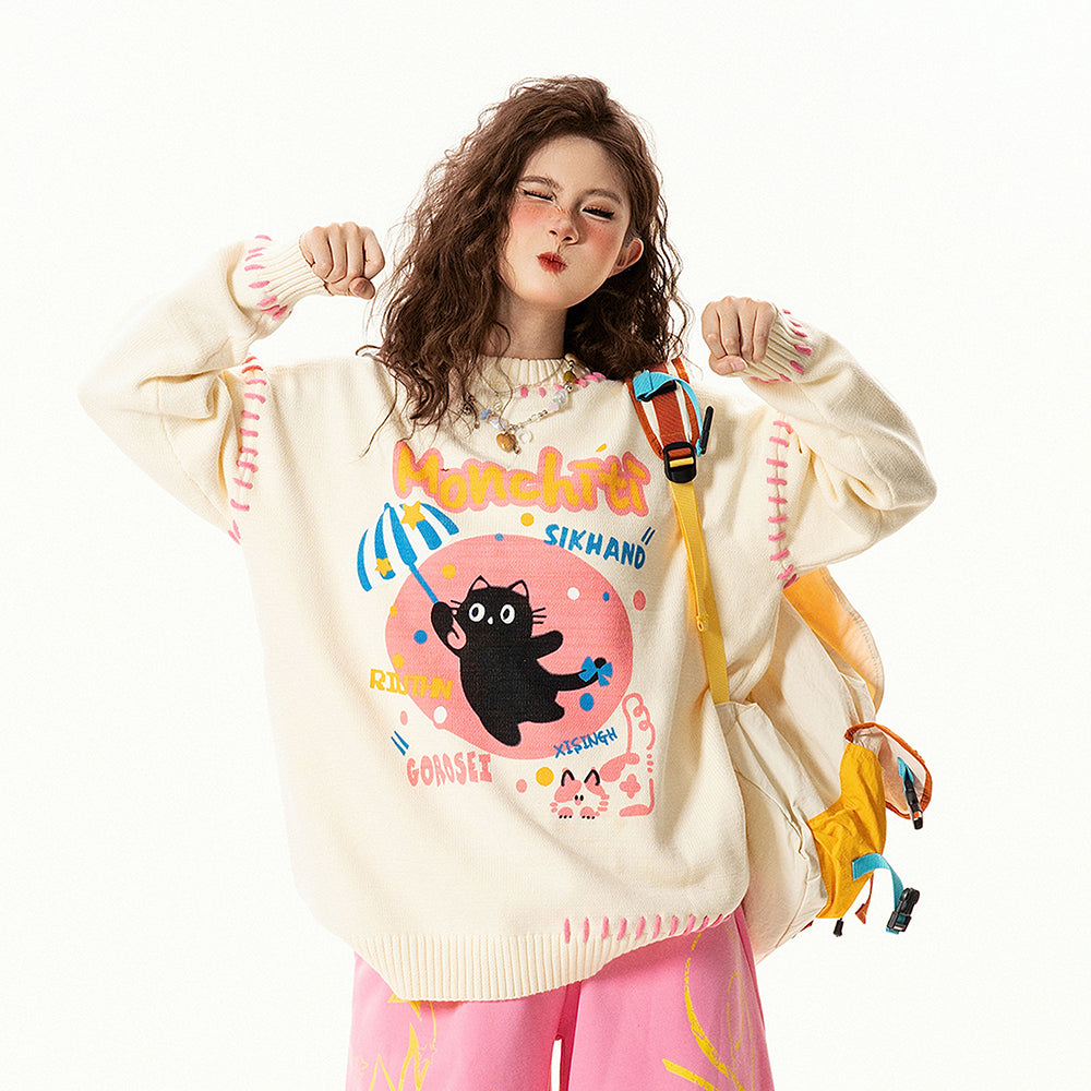 【トップス】アメリカンレトロ 猫モチーフ 猫柄 ネコ クルーネック ニット ルーズ 秋新作【FCシリーズ】