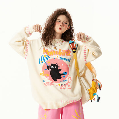 【トップス】アメリカンレトロ 猫モチーフ 猫柄 ネコ クルーネック ニット ルーズ 秋新作【FCシリーズ】