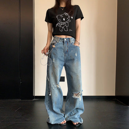 【ボトムス】デニムパンツ レディース ダメージ加工 ストーン装飾 ワイドパンツ ヴィンテージ風 カジュアル【FCシリーズ】