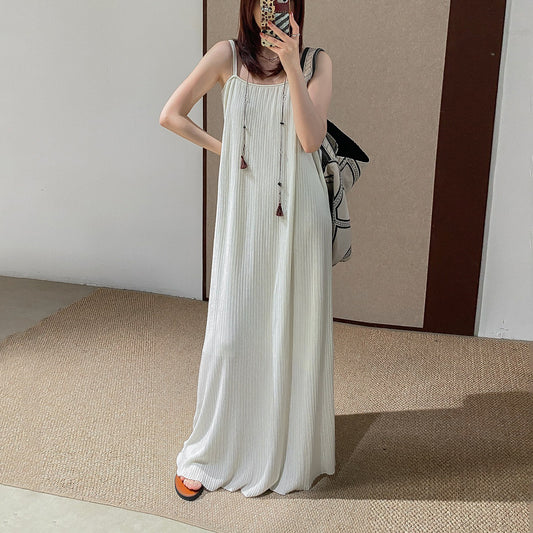 【ワンピース】リゾート風 超ロング丈 2重キャミワンピース ドレープ感 ノースリーブ マキシドレス 海辺バカンス ワンピ【JZシリーズ】