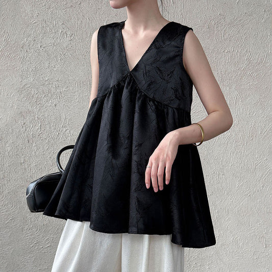 【トップス】重工サテン刺繍 Vネック ベスト 夏 高級感 ノースリーブシャツ【SNシリーズ】