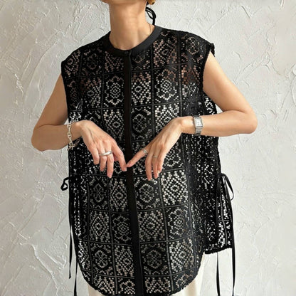 NEW長袖入荷！【トップス】 夏新作 日本風 ラウンドネック レーストップス  レース ノースリーブ ベスト タンクトップ シャツ