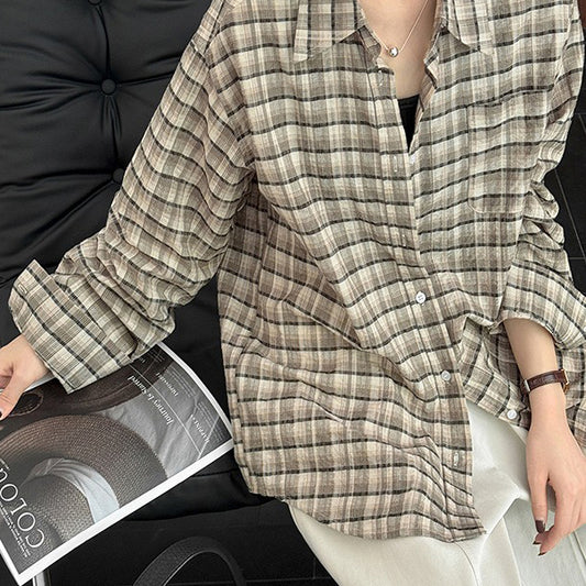 【トップス】韓国風ヴィンテージ チェック開襟シャツ ユニセックス ゆったり長袖シャツ【JZシリーズ】